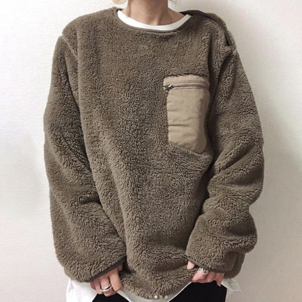 

Autumn Long Sleeve Pullover Hoodie Women Pocket Patchwork Elegant Korean Boho Teddy Coat For Spring Solid Brown Outwear Tops