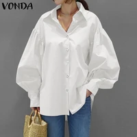 casual shirts casual lantern sleeve turn down collar blouse 2021 vonda vintage solid tops female office ladies shirts blusas
