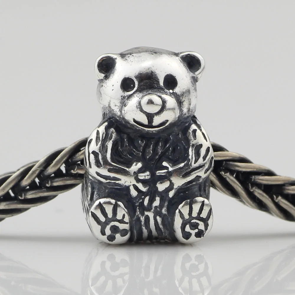 

925 Solid Sterling Silver Bead Charm Bear Fluffy for European Charm Bracelet Chain DIY