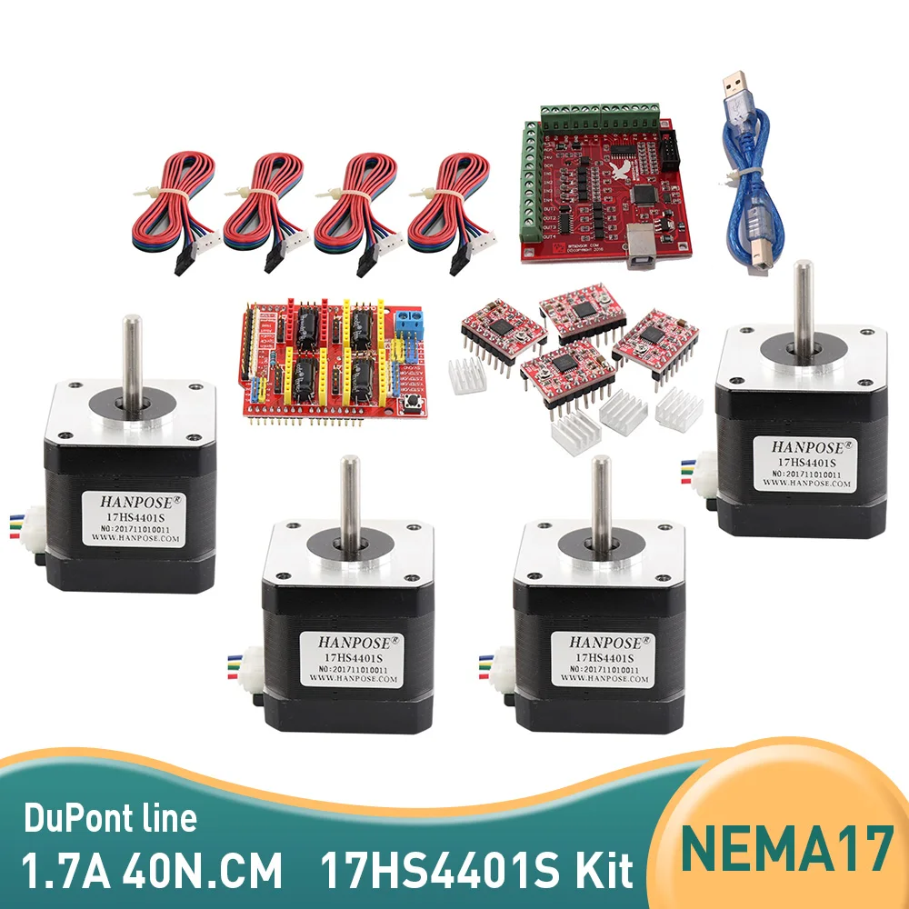 

Бесплатная доставка, шаговый двигатель nema17 1,7 а 40 Н. См, комплект 17hs4401s, 4 выводных + ЧПУ щит v3, плата расширения драйвера UNO R3 для 3D-печати