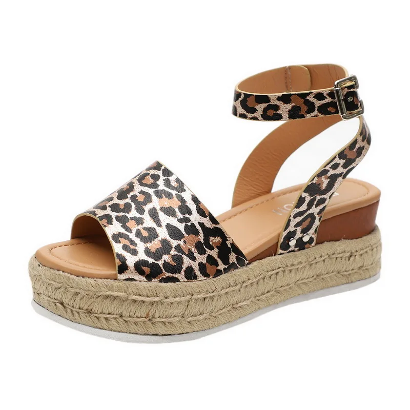 

Brand Ladies Sandals Shoes Women Summer Fashion Sandals Leopard Retro Strap Wedges Peep Toe Sandals chaussures femme #N