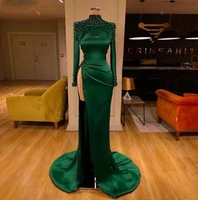 2022 emerald green arabic evening dresses long sleeves high slit sexy prom formal gowns chic beading mermaid vestidos