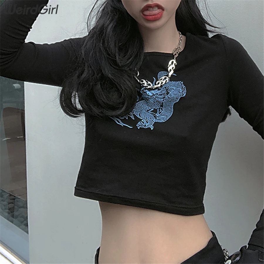 Weirdgirl, женские футболки с принтом дракона, модные, с круглым вырезом, с длинным рукавом, тонкие, Harajuku, женские топы, Новое поступление, Осенние футболки