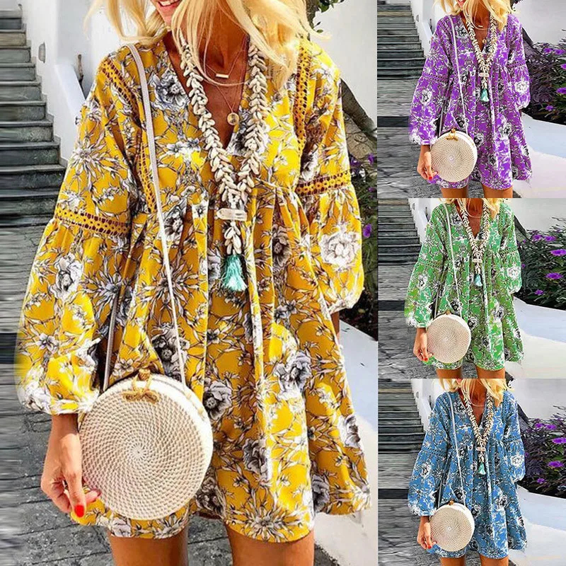 Для женщин ретро Цветочный принт пляжное платье элегантное с v-образным вырезом