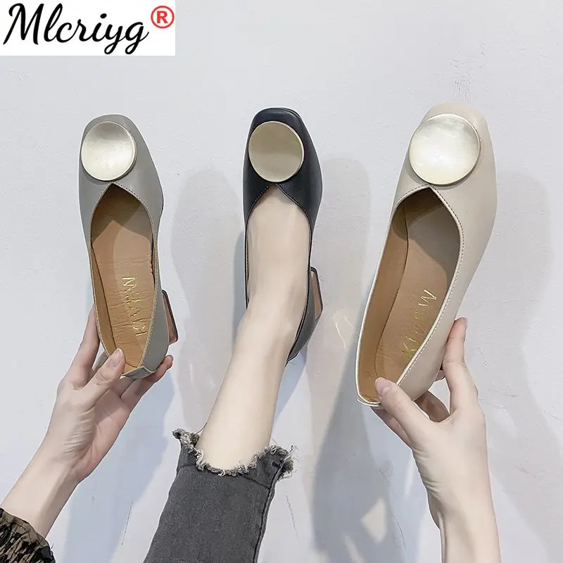 

Soft Leather Shallow Loafers Spring Summer New Metal Round Buckle Square Toe Moccasins Comfy Lazy Slip-on Non-slip Shoes Women