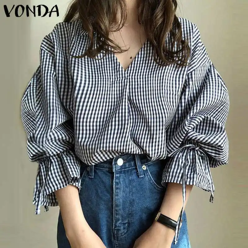 

VONDA 2021 Women Flare Sleeve Vintage Printed Blouse Bohemian Blusas Vintage Checked Plaid V Neck Long Sleeve Tops Femininas