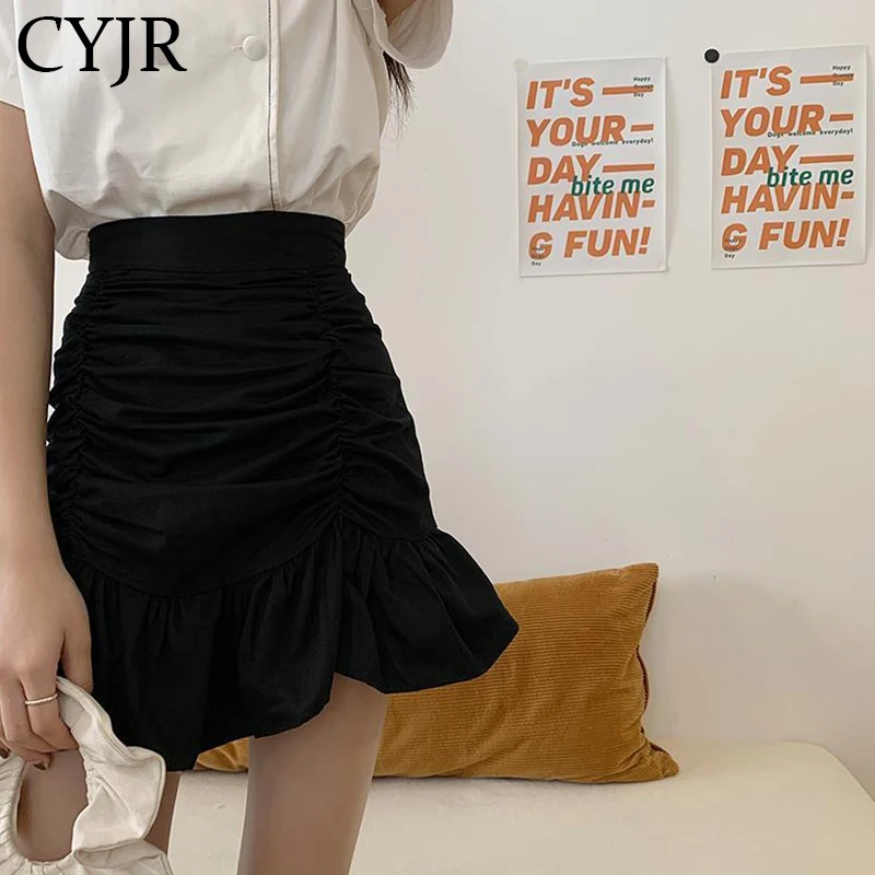 

Skirts Women Solid A-line Summer Mini Hem Ruffles New Ulzzang Chic Ruched All-match High Waist Hot Selling Lovely Girls Elegant