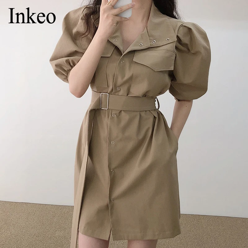 

Платье-блейзер с поясом женское, с длинным рукавом, с карманами, армейского зеленого цвета, мини-платье с пышными рукавами, офисное платье ...