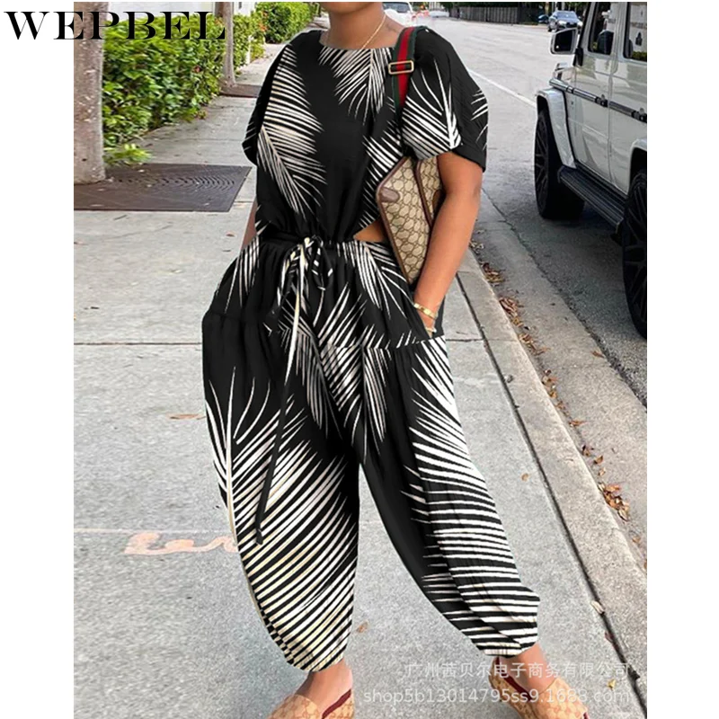 

WEPBEL Women's Elegant Leaf Print Jumpsuit Ladies Casual Fashion Short Sleeve Hollow Out Wide Leg Trouser Vacation Romper