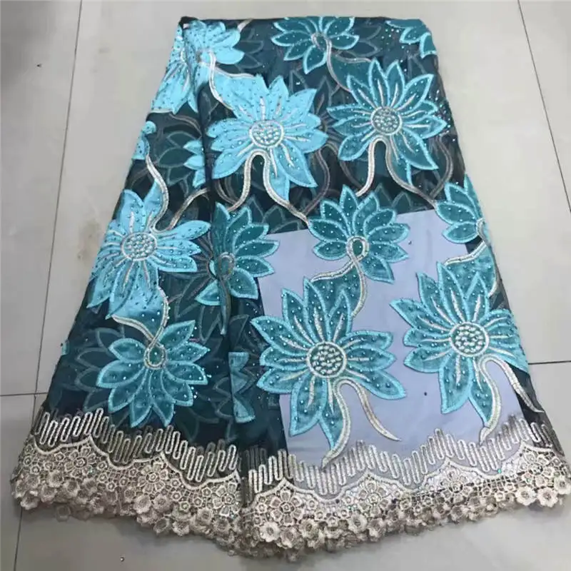 Последний Небесно Голубой французский Африканский кружевной ткани высокого