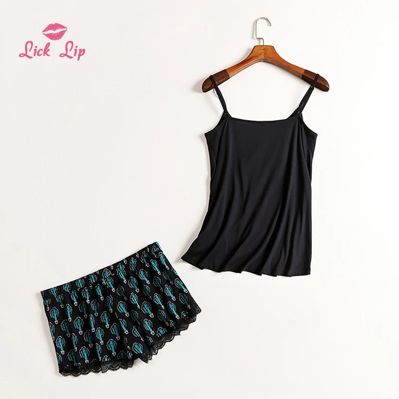 Пикантный крутой пижамный комплект на бретельках с изображением кактуса и губ