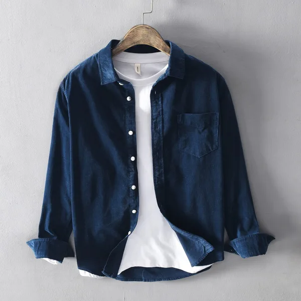 navy blue Осенняя и весенняя рубашка из хлопка, мужские брендовые рубашки с длинным рукавом для мужчин, модная Однотонная рубашка, мужские повседневные рубашки, мужская рубашка - Цвет: navy blue