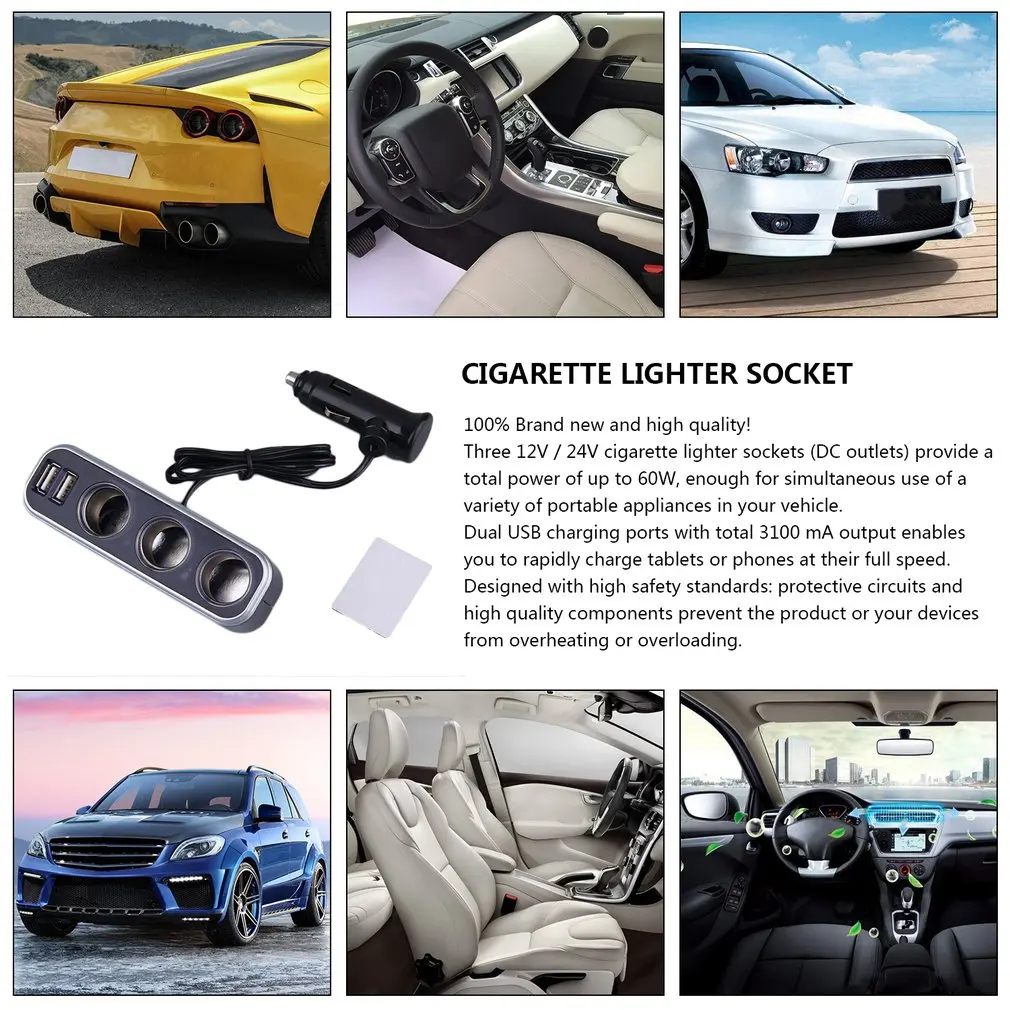 

Universal 3 Socket Adapter Splitter 3.1A USB Charger Car DC 12V/24V Cigarette Lighter Socket Splitter+Dual USB Port Car Adapter
