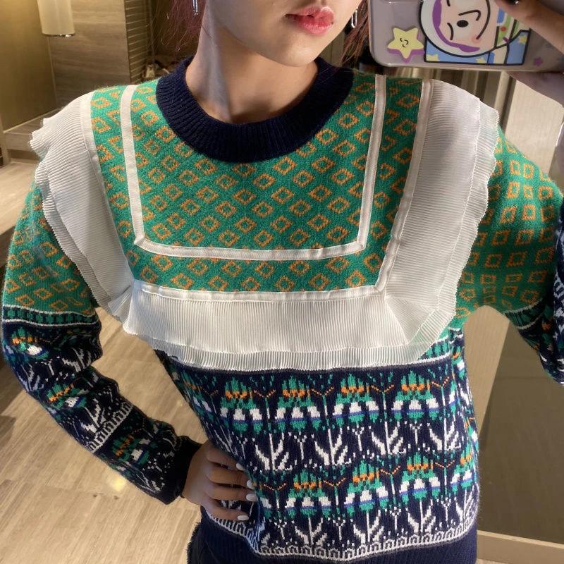 Свитер женский осенний с круглым вырезом и длинными рукавами принтом в Корейском