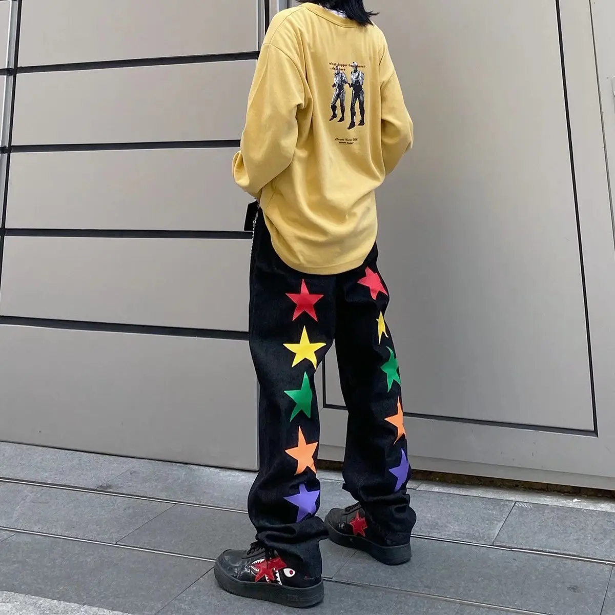 V-hanver Letter Print Denim Pants Mens High Street Loose Straight-leg Pants Streetwear Casual Jeans Trousers Unisex Plus Velvet