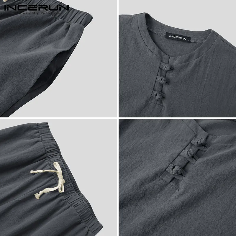 

Chinese Style Man Sets INCERUN Men Sets Vintage Solid Color Suits Men Short Sleeve Buttons Tops Drawstring Pants 2 Pieces S-5XL