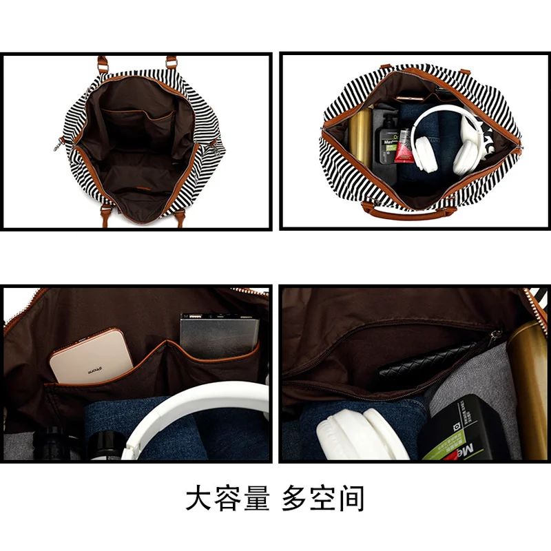 

OLN Women's Big Travel Duffle Bag Large Capacity Striped Cotton Canvas Men's Sports Bags Unisex Weekend Travel Tote Sac Voyage