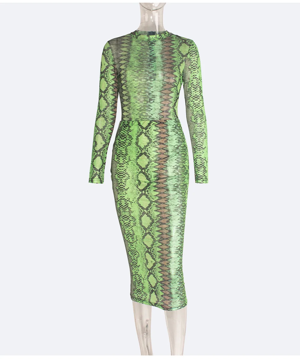 

Bangniweigou Elegant Snakeskin Print Neon Dress Women Bodycon See Through Mesh Long Dress Paisley Party Clothes Bandage Dress