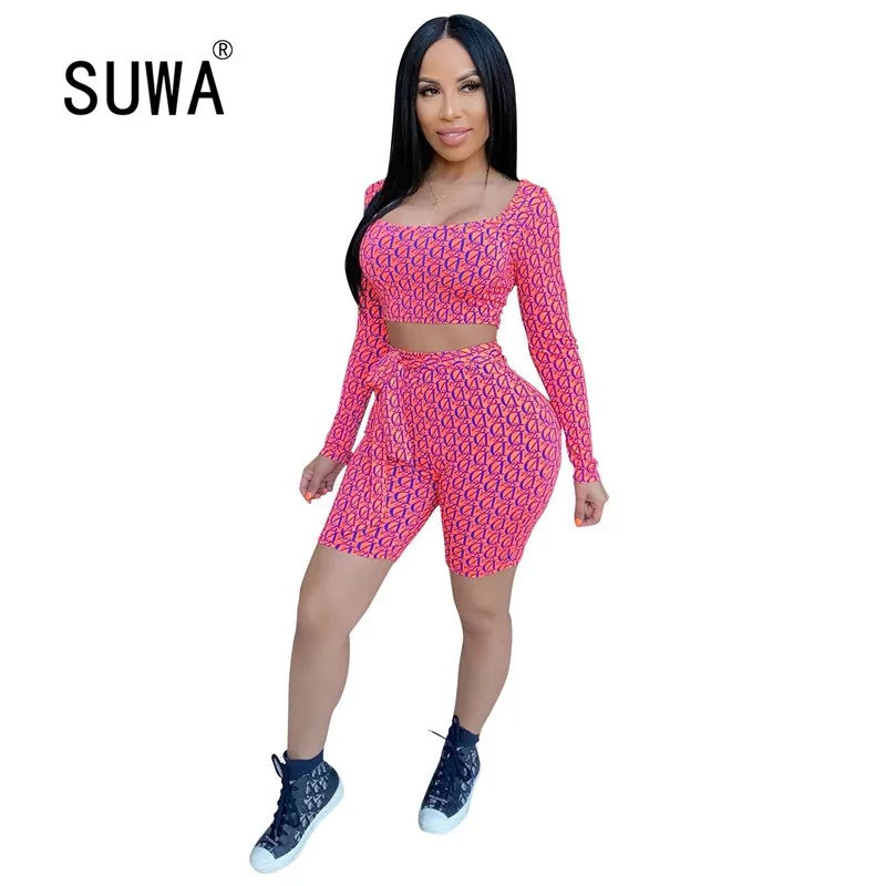 

Женский Повседневный костюм из 2 предметов с принтом, Весенняя уличная Женская короткая футболка с квадратным воротником и длинным рукавом ...