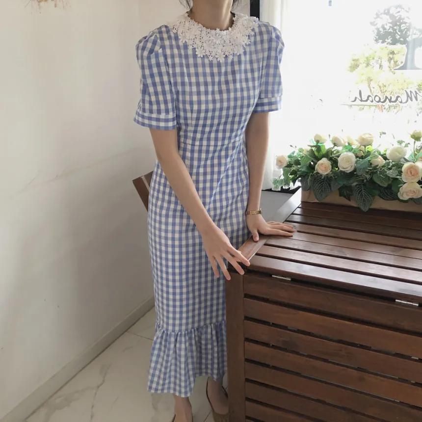 Женское приталенное платье в клетку корейское шикарное стиле ретро с кружевным