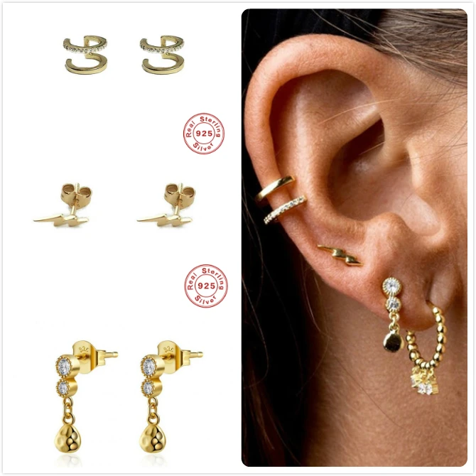 Женские серьги из стерлингового серебра 925 пробы золотые маленькие циркониевые