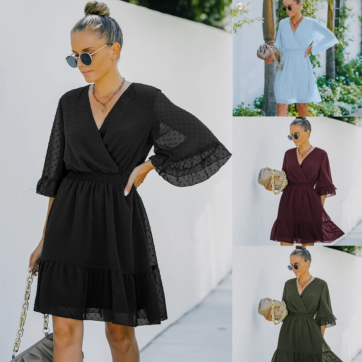 

Женское шифоновое платье в горошек, однотонное платье с V-образным вырезом, рукавом до локтя и эластичной талией, весна-лето 2022