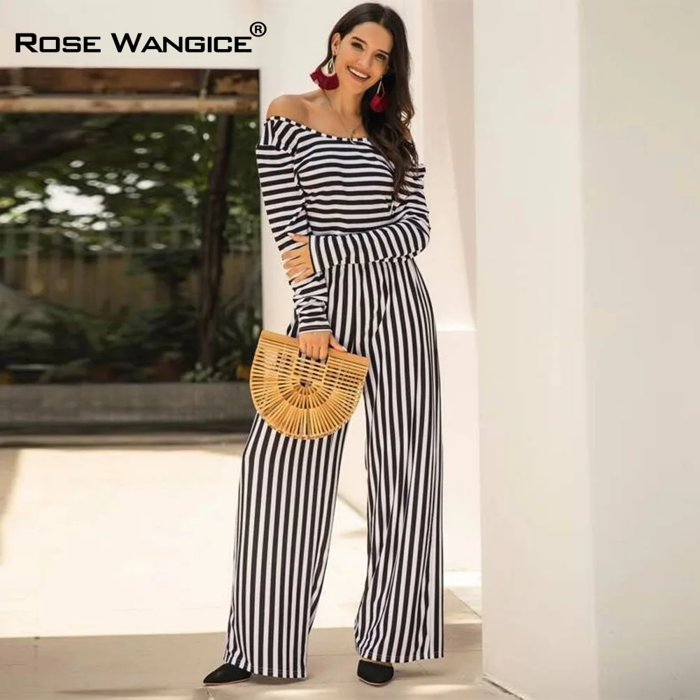 

Elegant Black and White Striped Backless O-Neck Long Sleeve Top and Wide Leg Pants 2 Sets Women Night Club Party
