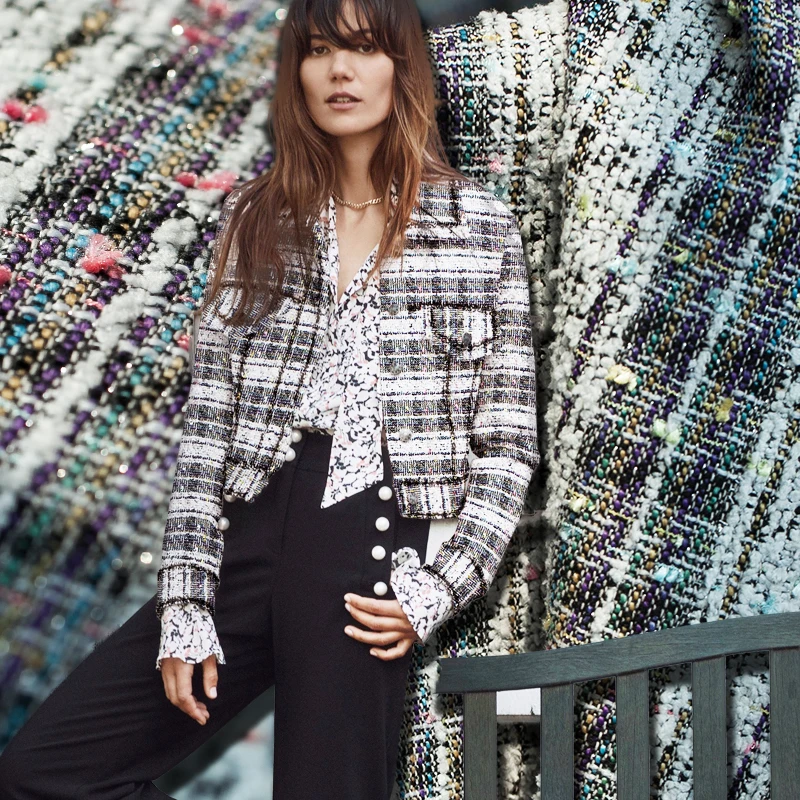 Модная твидовая ткань в клетку и полоску от кутюр блестящие металлические линии