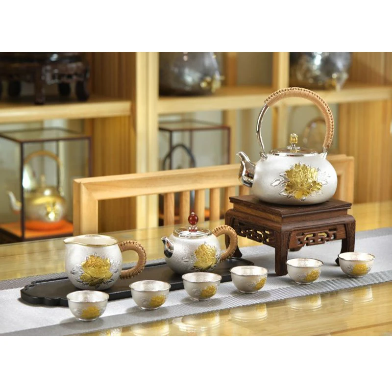 Silver pot 999 sterling silver handmade tea set Japanese retro teapot kettle home tea ceremony Kungfu tea set 800ml