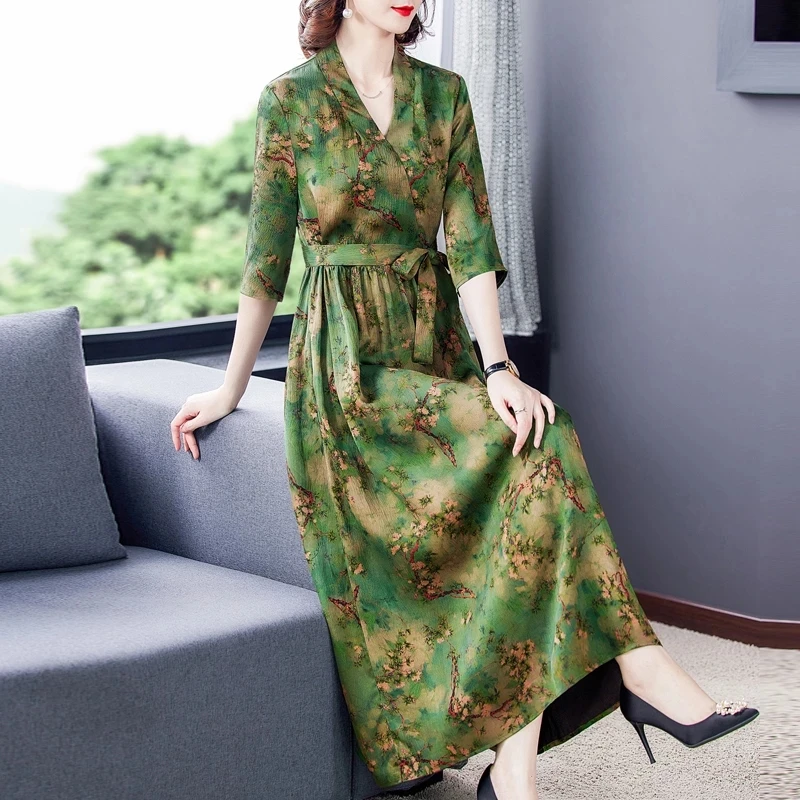 

2021 Spring Floral Mulberry Silk Satin Maxi Dress Autumn Vintage Casual M-3XL Plus Size Midi Dress Women Elegant Vestidos
