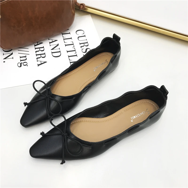 

2021 New Sweet Bowknot Flat Shoes Woman Pointed Toe PU Leather Flats Slip On Comfort Flat Heel Shoes Female Single Shoes Autumn