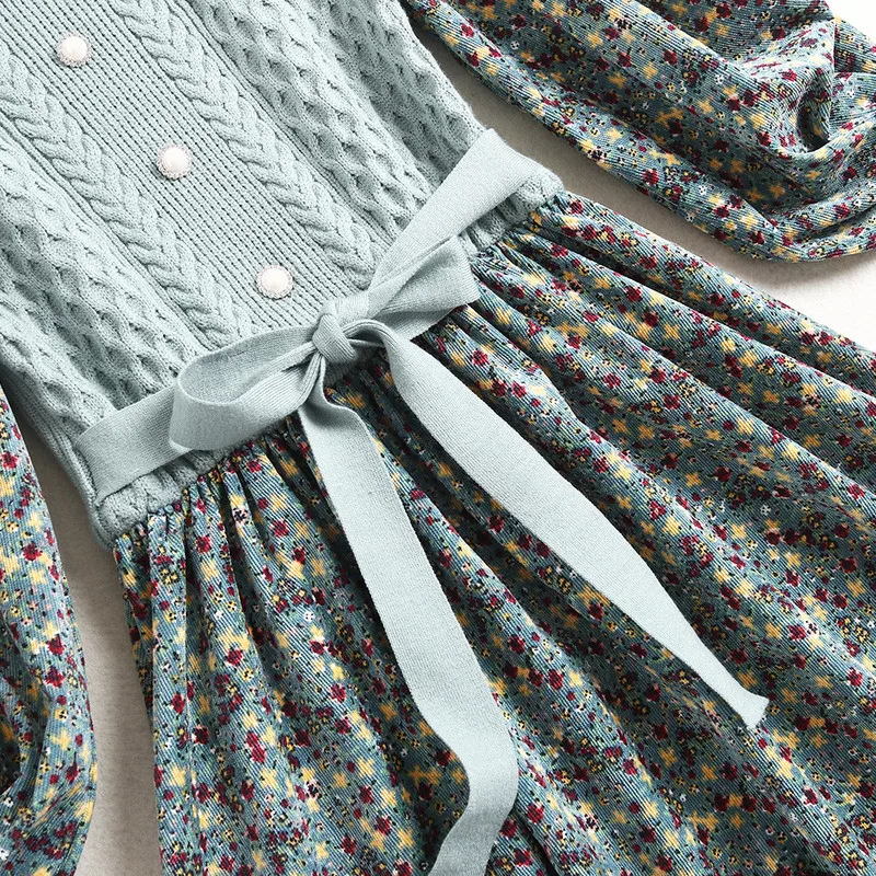 

Long Sleeve Knitted Patchwork Print Dress Women Spring Clothes Elegant Vintage Festa Casual Aline Robe Femme Party Vestido