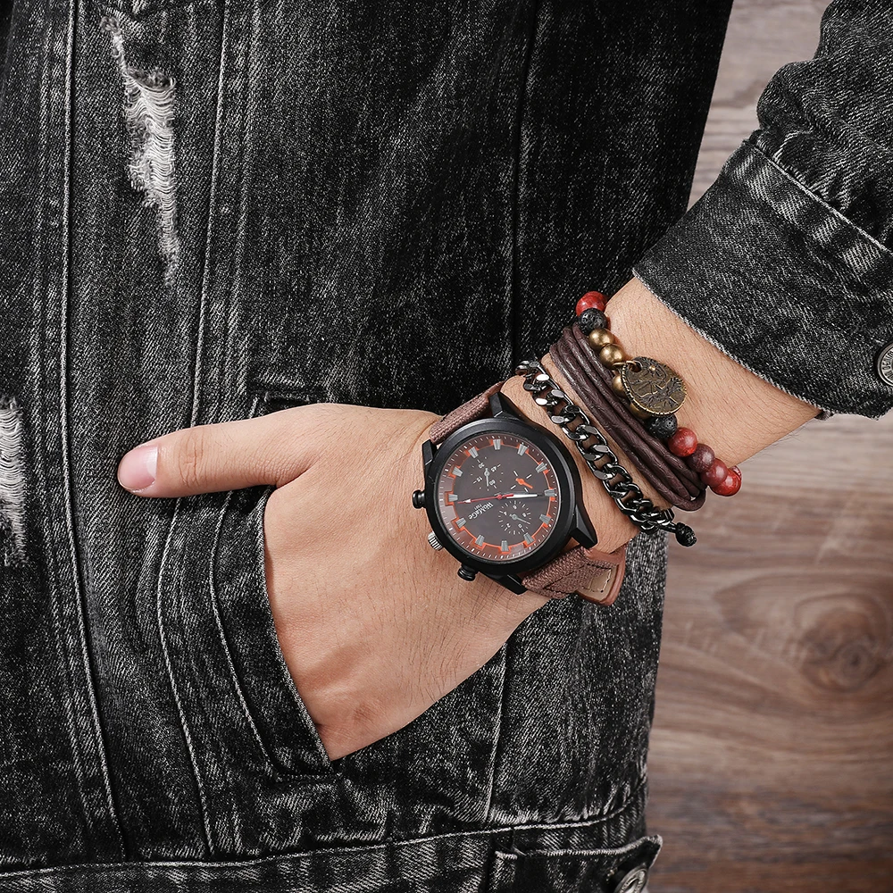 

4 шт./компл. Рождественский подарок для парня часы браслет набор для мужчин повседневные наручные часы с кожаным браслетом без подарочной ко...