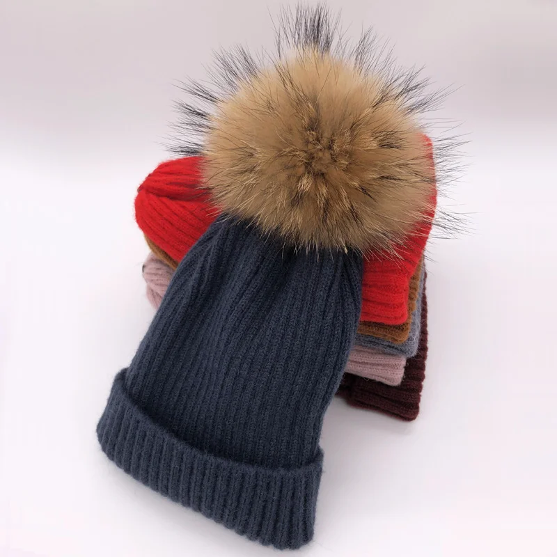 navy blue Raccoon Зимняя Весенняя вязаная шерстяная шапка Skullies повседневная женская шапка натуральный помпон из лисьего меха шапки - Цвет: navy blue Raccoon