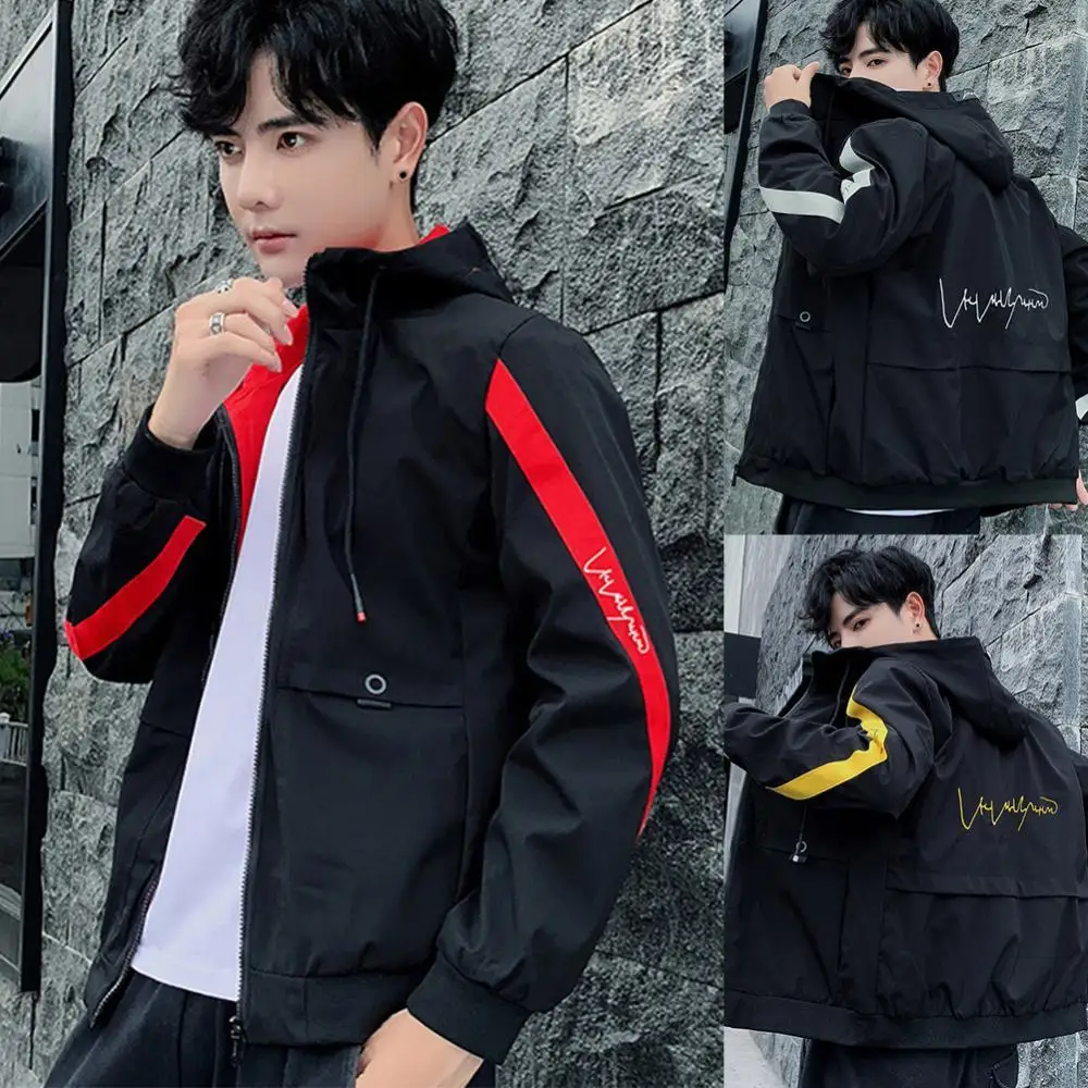 

Fashion Men Long Sleeve Zip Pockets Letters Print Hooded Jacket Coat Outerwear