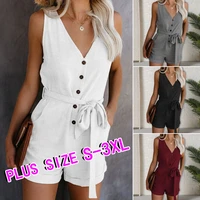 women playsuit v neck lace up waist sleeveless buttons rompers with pocket large size women short jumpsuit tank overalls outfits