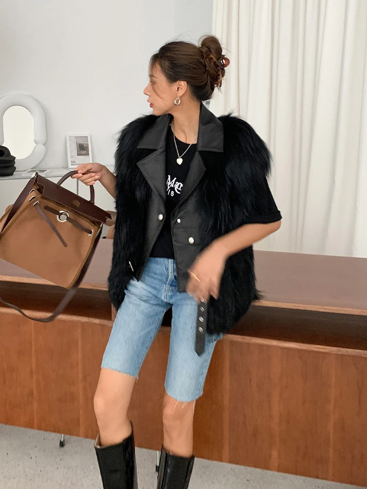 Black Real Fox Fur Genuine Sheep Leather Jacket 2022 Trendy Natural Fox Fur Coat Short Sleeve Winter Fashion Fur Overcoat Luxury