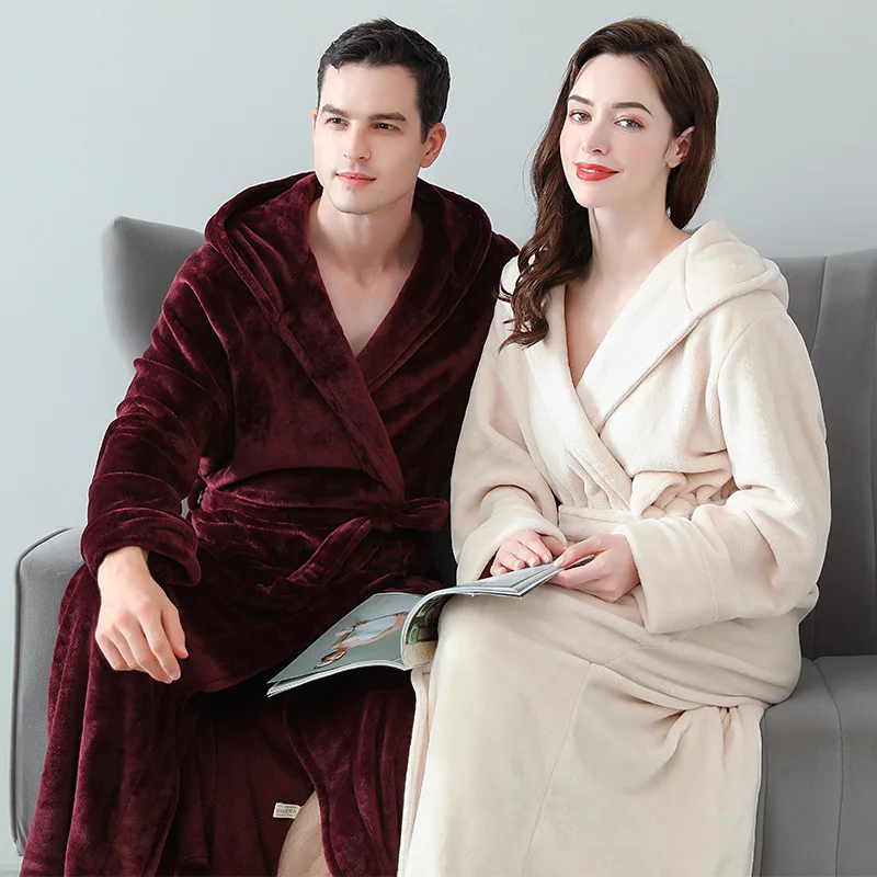 

2022 Thickening and Long Winter Bathrobe Female Coral Fleece Winter Men Hooded Bathrobe Couples Hooded Flannel Gown Long Robe