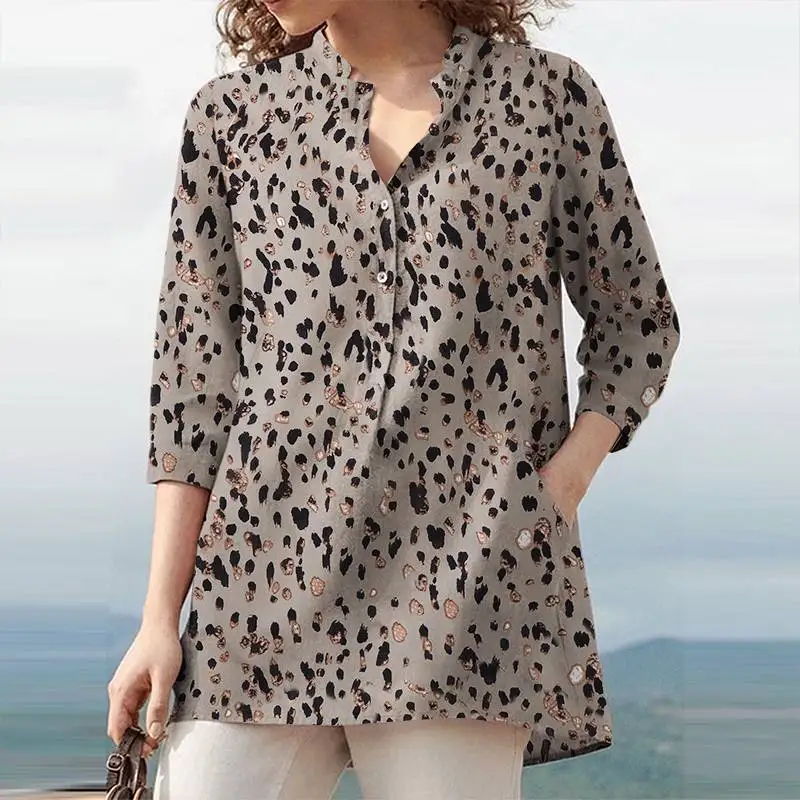 

Женские праздничные пляжные блузки 2022, Весенняя офисная блузка с принтом, Женская Повседневная рубашка ZANZEA с рукавом 3/4 и круглым вырезом, э...