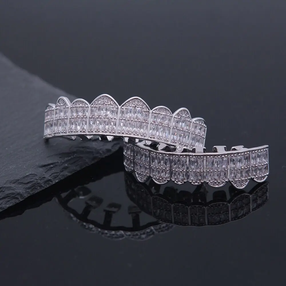 Shining Hip Hop Grillz Iced Out CZ Fang Mouth teeth grills Caps Top &amp Bottom tooth Set Men Women |