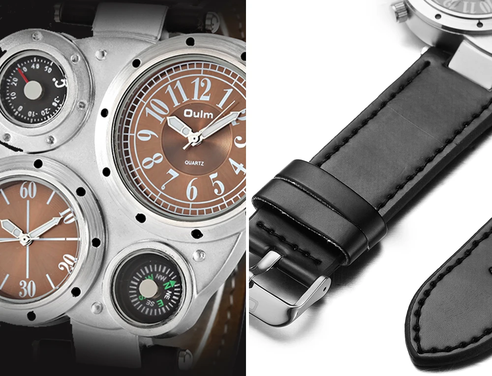 OULM Уникальный Дизайн Кварцевые часы для мужчин коричневый кожаный ремешок