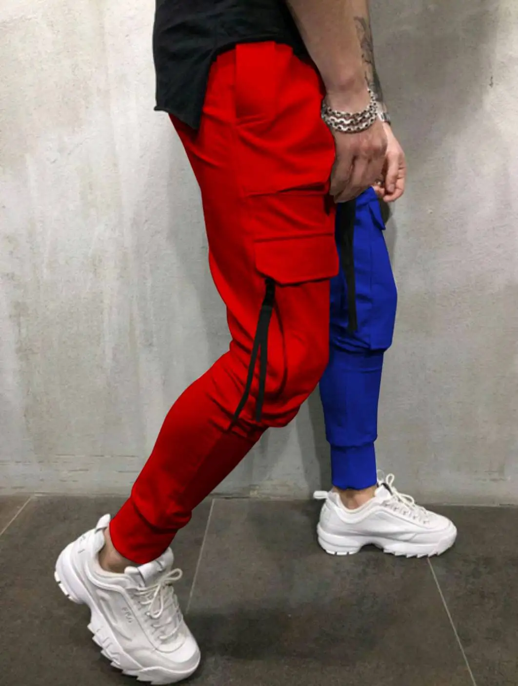 

Kalenmos Casual Sports Pants Color Matching Fitness Joggers Men Stitching Contrast Trousers Hip-hop Pocket Lace-up Slim Pants