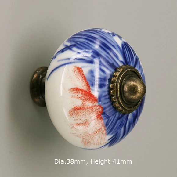 Винтажная фарфоровая ручка для ящика сине-белая