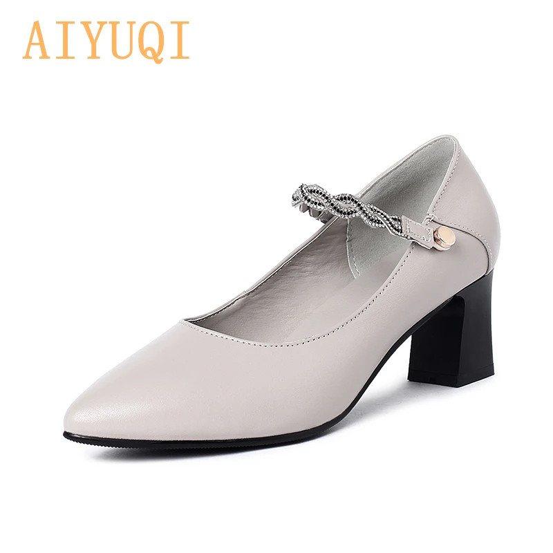 

AIYUQI Women Fashion Shoes Mid Heels 2021 Spring Genuine Leather Women's Shoes Pointed Professional Office Single Shoes Women