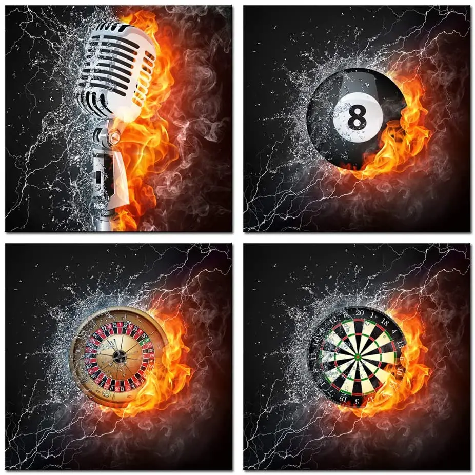 

4 Pieces Fire and Water Microphone Darts Billiards Casino Roulette Posters Canvas Pictures Wall Art Home Decor Paintings Gift