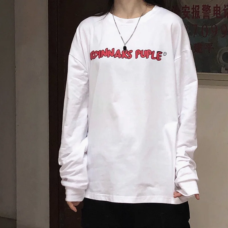 Xian 296 bai Harajuku/женская футболка с длинным рукавом в стиле хип-хоп, Ulzzang, футболки в Корейском стиле с буквенным принтом, осенние модные черно-белые топы для девочек - Цвет: Xian 296 bai