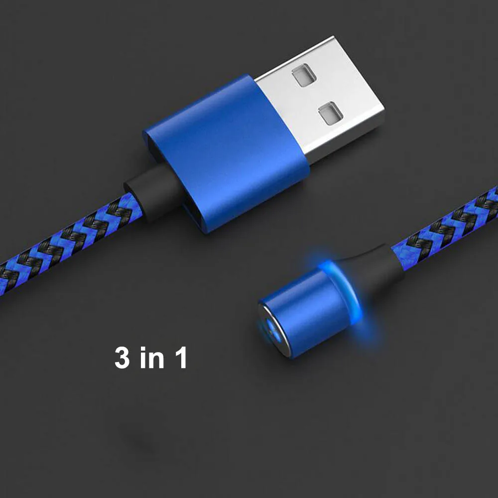 Магнитный usb-кабель для передачи данных с поворотом на 360 градусов, 3 в 1, зарядный кабель для iPhone X, 7, 8, 6, для samsung, Xiaomi, светодиодный кабель для быстрой зарядки - Color: 3 in 1 Cable