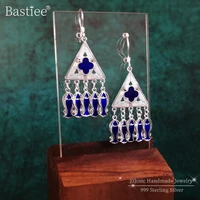 999 sterling silver tassel triangle earrings for women drop fish blue cloisonne enamel handmade ethnic miao silverluxury jewelry