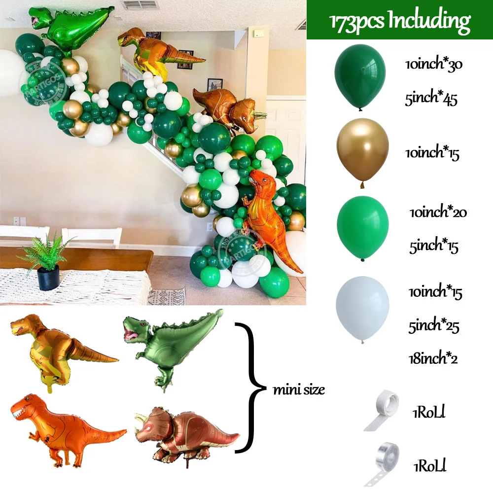 Arco de guirnalda de globos verdes de dinosaurio para cumplea&ntilde;os, decoraciones para Baby Shower, fiesta de ni&ntilde;o con t-rex, Velociraptor, Triceratops, 173 Uds.-1