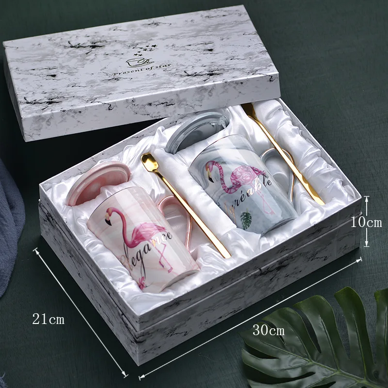 

Simple Flamingo Couple Ceramic Cup Gift Box Set Custom Marble Mark Cup Couple Cup Gift with Lid and Spoon